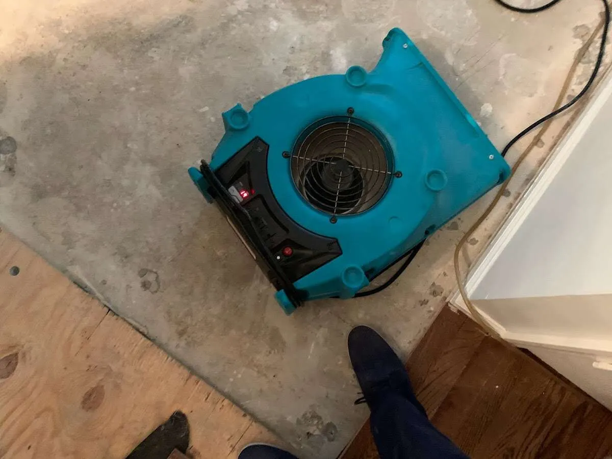 Air mover drying subfloor during Commercial Water Damage Restoration in Polson